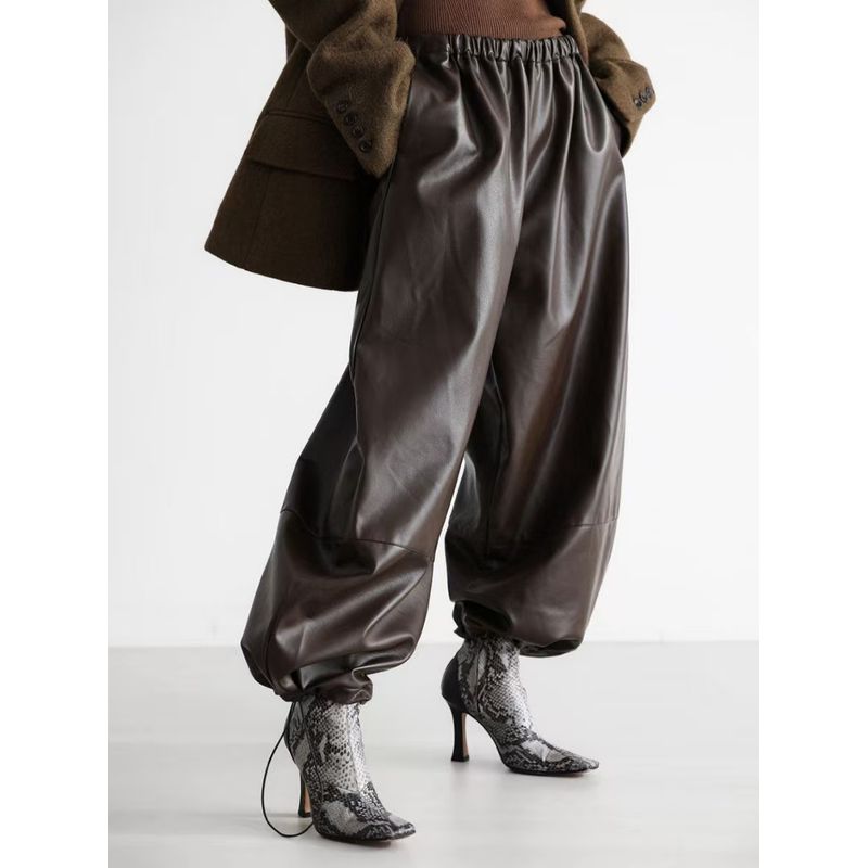 Модный стиль Брюки-шаровары с кулиской на щиколотке Свободные кожаные брюки Брюки из ПУ-кожи Свободные брюки из ПУ-кожи