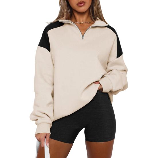 Весна Осень Женская толстовка Отложной воротник Длинные рукава Свободная молния до середины спины Контрастный цвет Улица