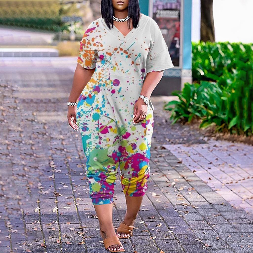 Женские повседневные комбинезоны на молнии с V-образным вырезом и короткими рукавами больших размеров с карманами, широкие длинные комбинезоны