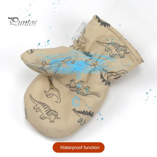 1 Pair Children Winter Mittens Thick Plush-lined Windproof Cartoon Dinosaur Cold Weather Outdoor Gloves Adjustable Fasten Strap Anti-Slip Ski Gloves