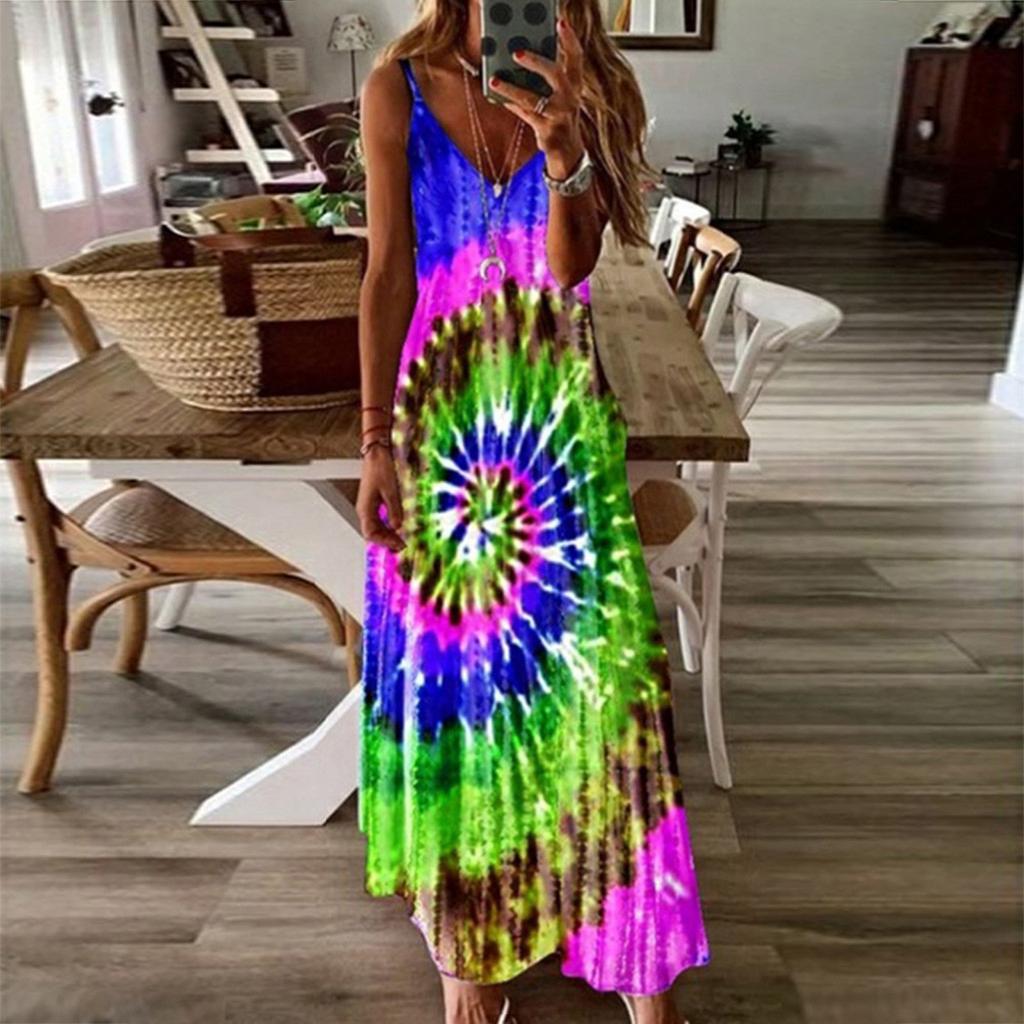 Women's Sleeveless Loose V-Neck Plain Tie-dye Printing Maxi Dresses Long Dress