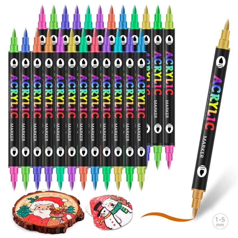 12Pieces Double Ended Acrylic Markers Acrylic Paint Pen with Brush Tip for Painting On Paper Wood Glass Ceramic Canvas