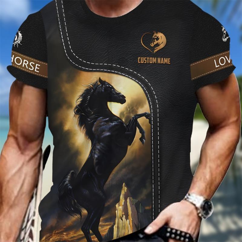3D Majestic Horse Printing Round Neck Street Fashion T-Shirt Трехмерная печать Horse Мужская креативная футболка с короткими рукавами