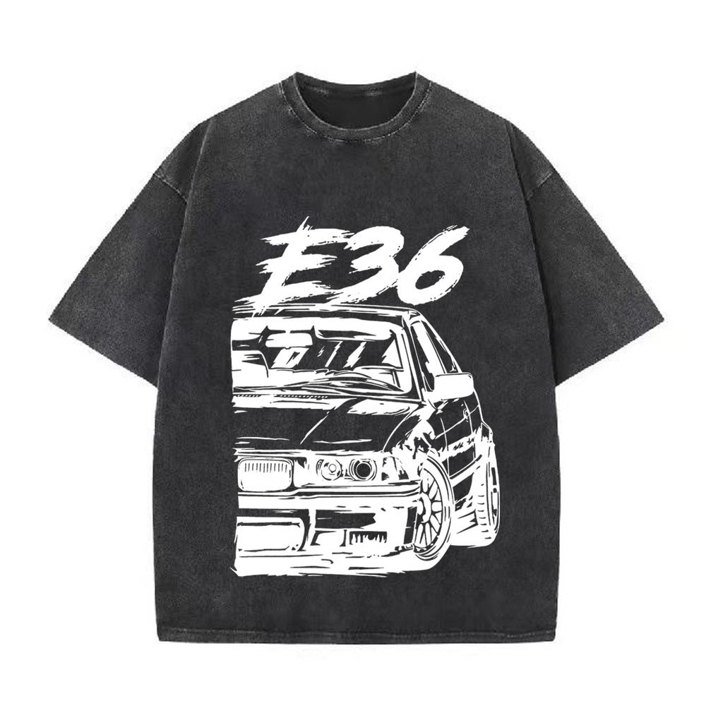 Ретро стираная винтажная футболка Высококачественные футболки E36 Футболка Летняя свободная одежда с коротким рукавом Хлопковые свободные уличные топы