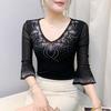 Summer Streetwear Women's Tops Shirt Elegant Slim V-Neck Hot Diamonds Mesh T-Shirt Flare Sleeve Slim Tees
