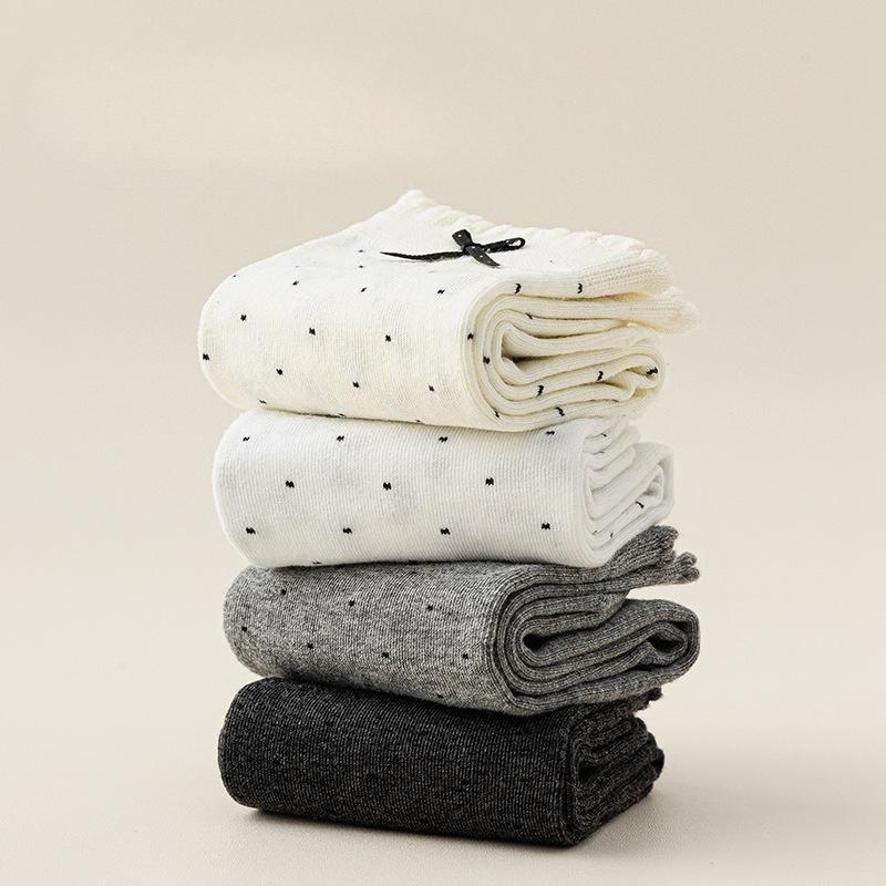 Женские носки до середины икры, бесшовные хлопковые носки на весну и осень, длинные носки с кружевом и бантом в горошек, универсальные носки в горошек, махровые носки