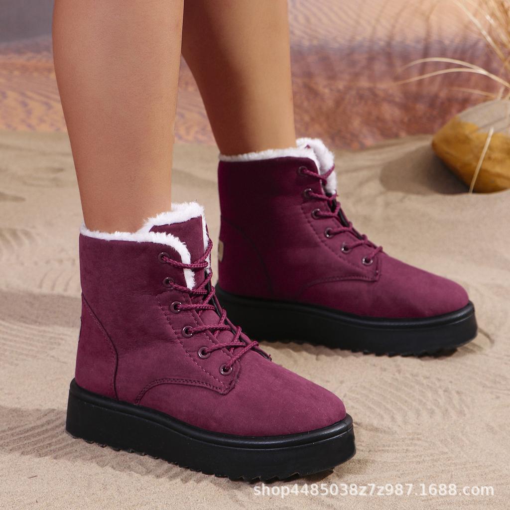 Женские зимние ботинки на толстой платформе, нескользящие, удобные, короткие, с подкладкой из искусственного меха, для женщин, теплые ботинки из искусственной замши на шнуровке