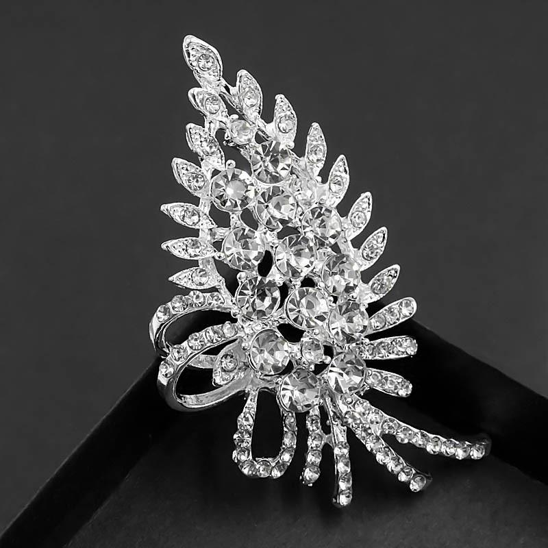Female Fashion White Crystal Flower Brooches For Women Luxury Silver Color Rhinestone Alloy Plant Brooch Safety Pins