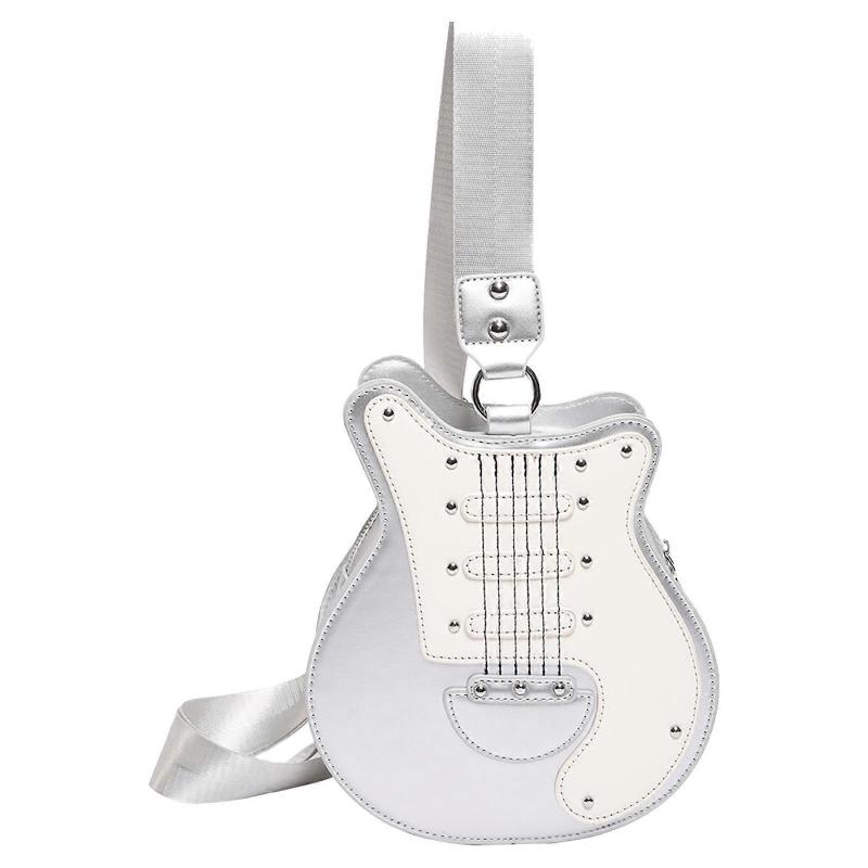Guitar Shape Messenger Bag for Women Fashion Crossbody Bag Contrast Color Shoulder Bag Aesthetic Top Handle Bag Silver