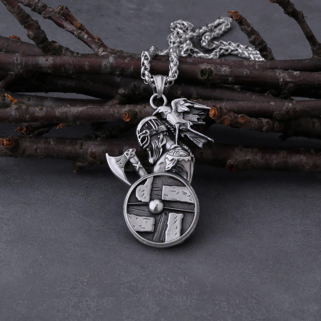 Viking Norway Odin's Raven Axe Pendant Shoulder Standing Necklace Men's Fashion Charm Stainless Steel Jewelry Gift for Boyfriend
