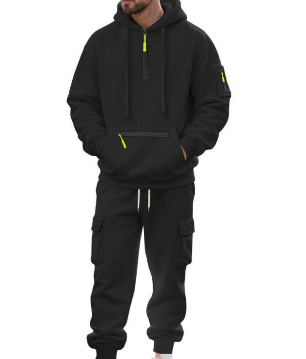 2025 Men's European Size Winter Loose Casual Sports Multi-Pocket Workwear Set with Plus Velvet