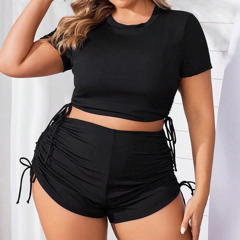 2024 Conservative Plus Size Solid Color Drawstring Swimsuit Bikini with Boxer Shorts