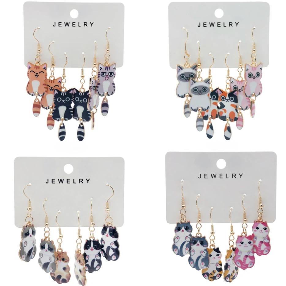 3 Pairs Fun and Cute Enamel Alloy Hanging Tail Cat Dangle Earrings Colored Cat Ear Jewelry Set Lovely Gift for Women Girls