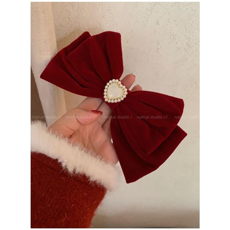Cat Eye Heart Bow Velvet Hair Clip Women Retro Wine Red French Elegant Pearl Back Head Hair Accessories
