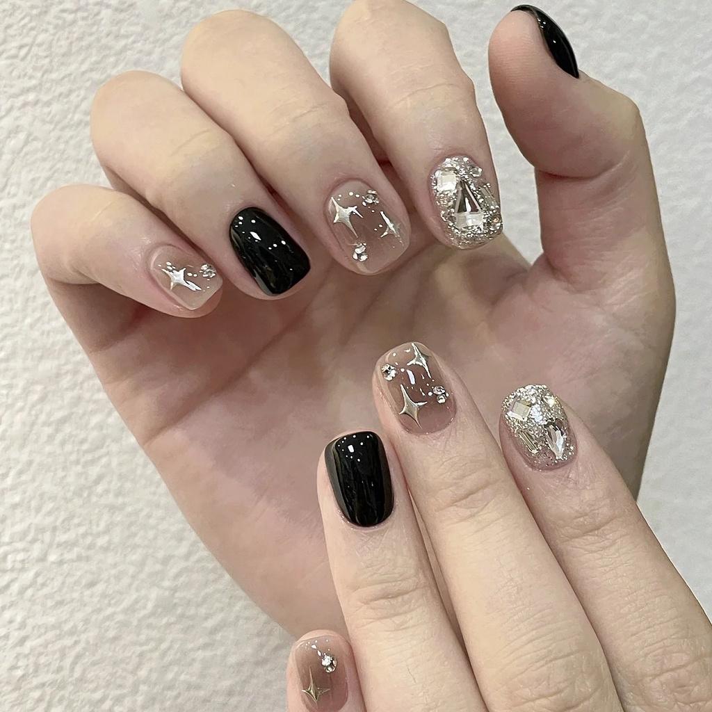 Sticker Nail Handmade Set With Black Shiny Rhinestones Star Suitable Patterns