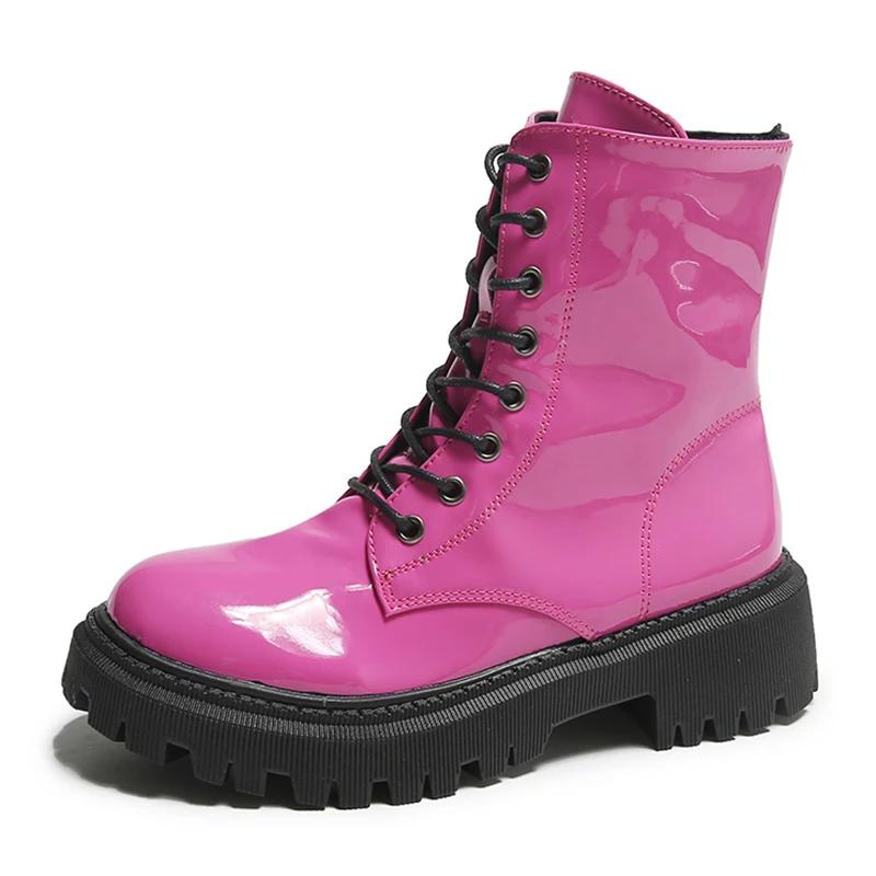 Ботильоны розового цвета на шнуровке, женские туфли, лакированные кожаные мотоциклетные ботинки на платформе, женские, на толстом каблуке, короткие ботильоны на молнии
