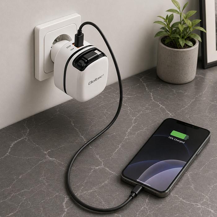Qoltec GaN Super Fast 65W Wall Charger | USB-C PD PPS | 5-21V | 3-3.25A | Laptop | MacBook | Smartphone | 1.8m cable