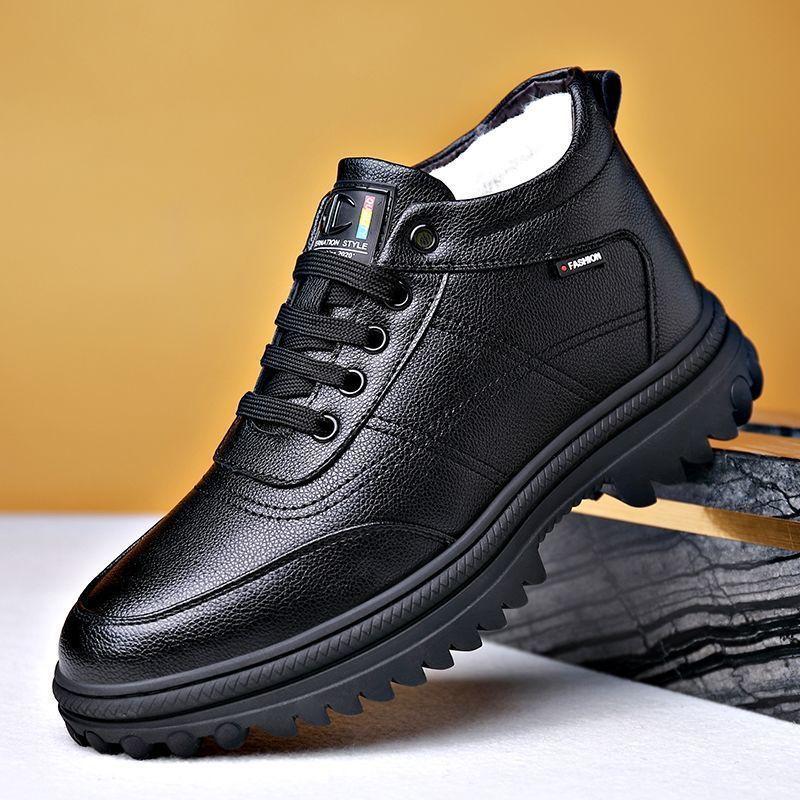 Cotton Shoes Men's Winter Velvet Warm Leather Surface Soft Sole Casual Shoes Outdoor Fashion Lace-up Leather Shoes Supply