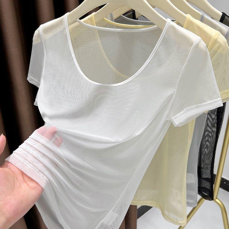 Hot Girl Mesh Short Sleeved T-shirt for Women In Summer High-end Ice Silk Shoulder See Through Top Sheer Top