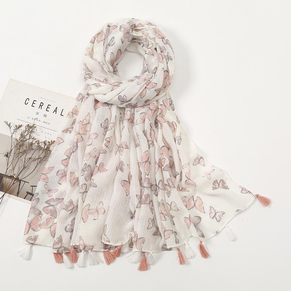 Осенне-зимняя шаль с принтом бабочек: Теплый шарф из хлопка и льна в стиле живописи тушью для путешествий или пляжа
