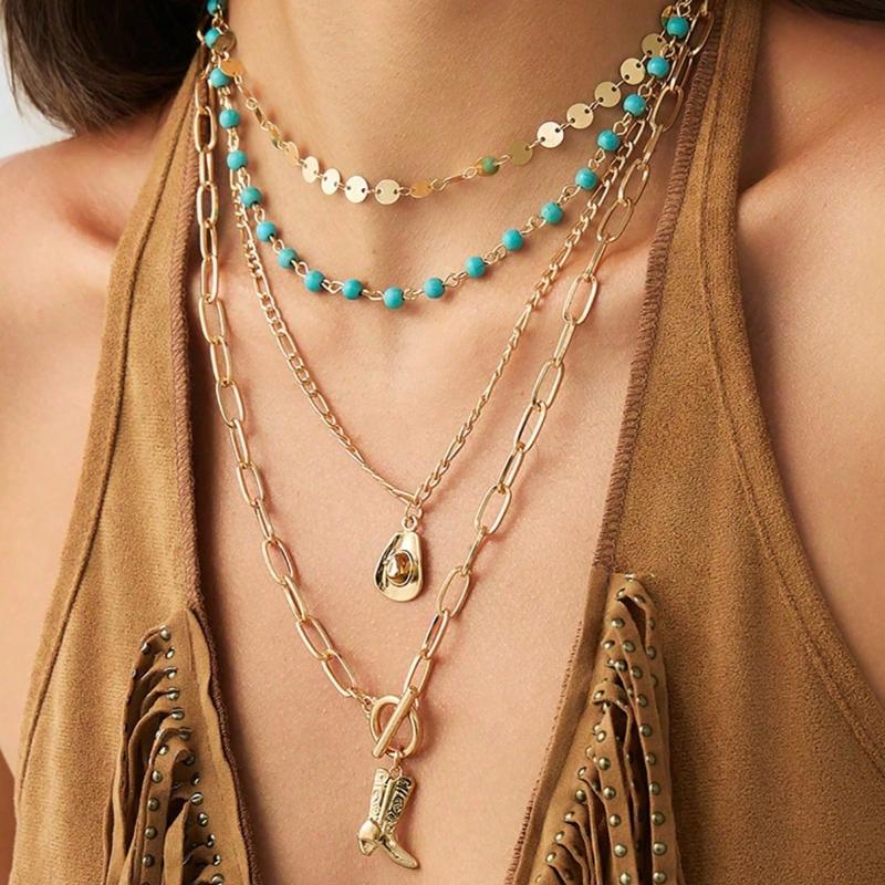 Винтажная Металлическая Шляпа с Блестками в Вестерн Стиле, Ожерелье с Подвеской в Виде Ковбойского Ботинка, Богемный Декоративный Набор Украшений для Женщин на Каждый День