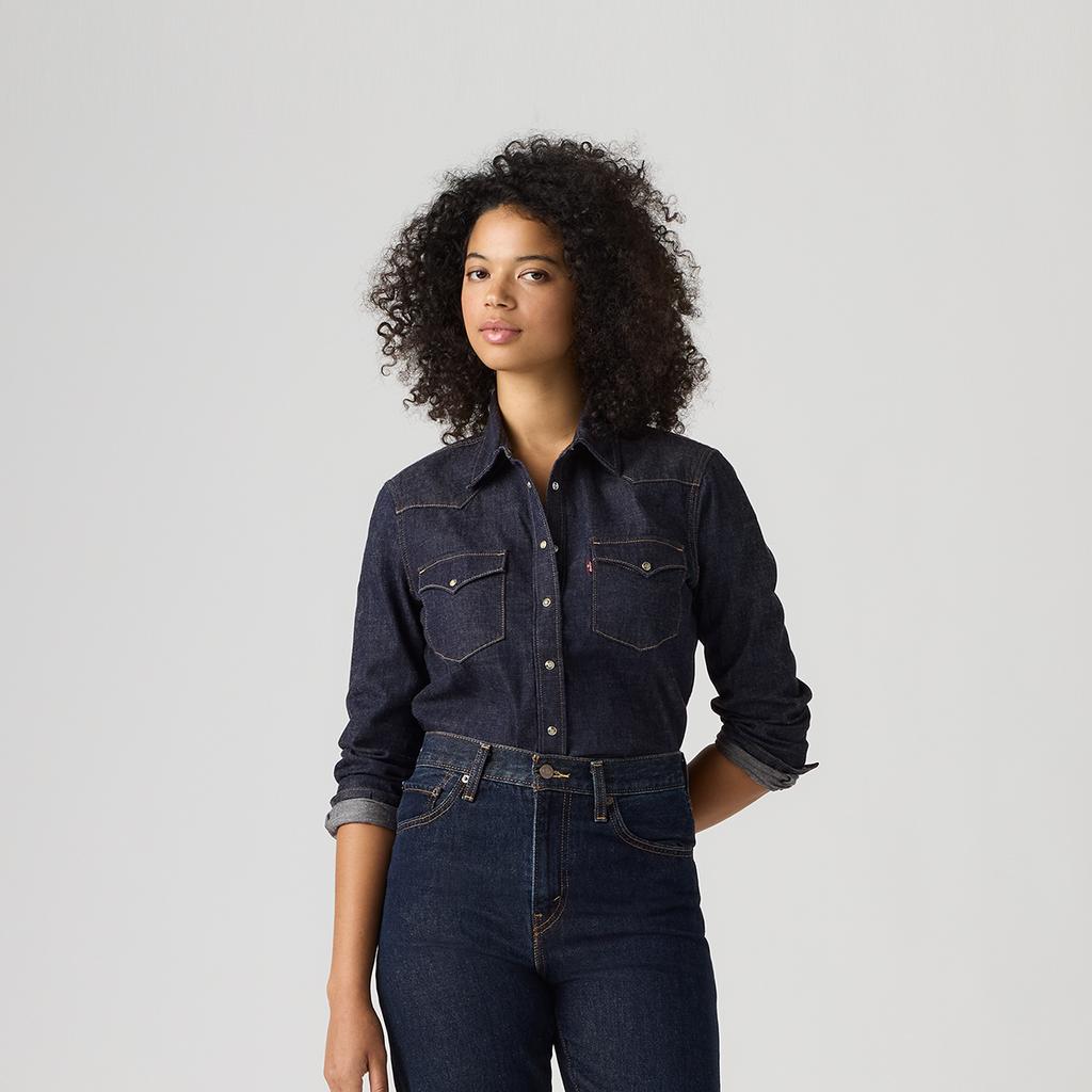 Levis Leisure Винтажная Рубашка с Лацканами Свободного Кроя Однотонная с Длинным Рукавом Женская рубашка 007WT-0007
