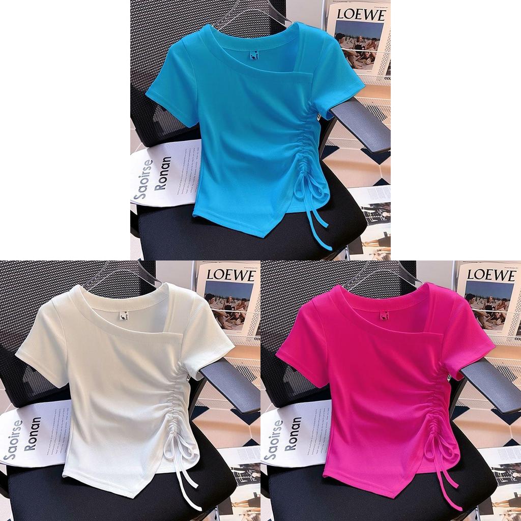 Summer Womens T Shirt With Asymmetric Design And Drawstring For Casual Wear