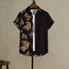 Men Shirt Colorblock Printed Single-breasted Loose Short Sleeve Turn-down Collar Buttons Streetwear Casual Beach