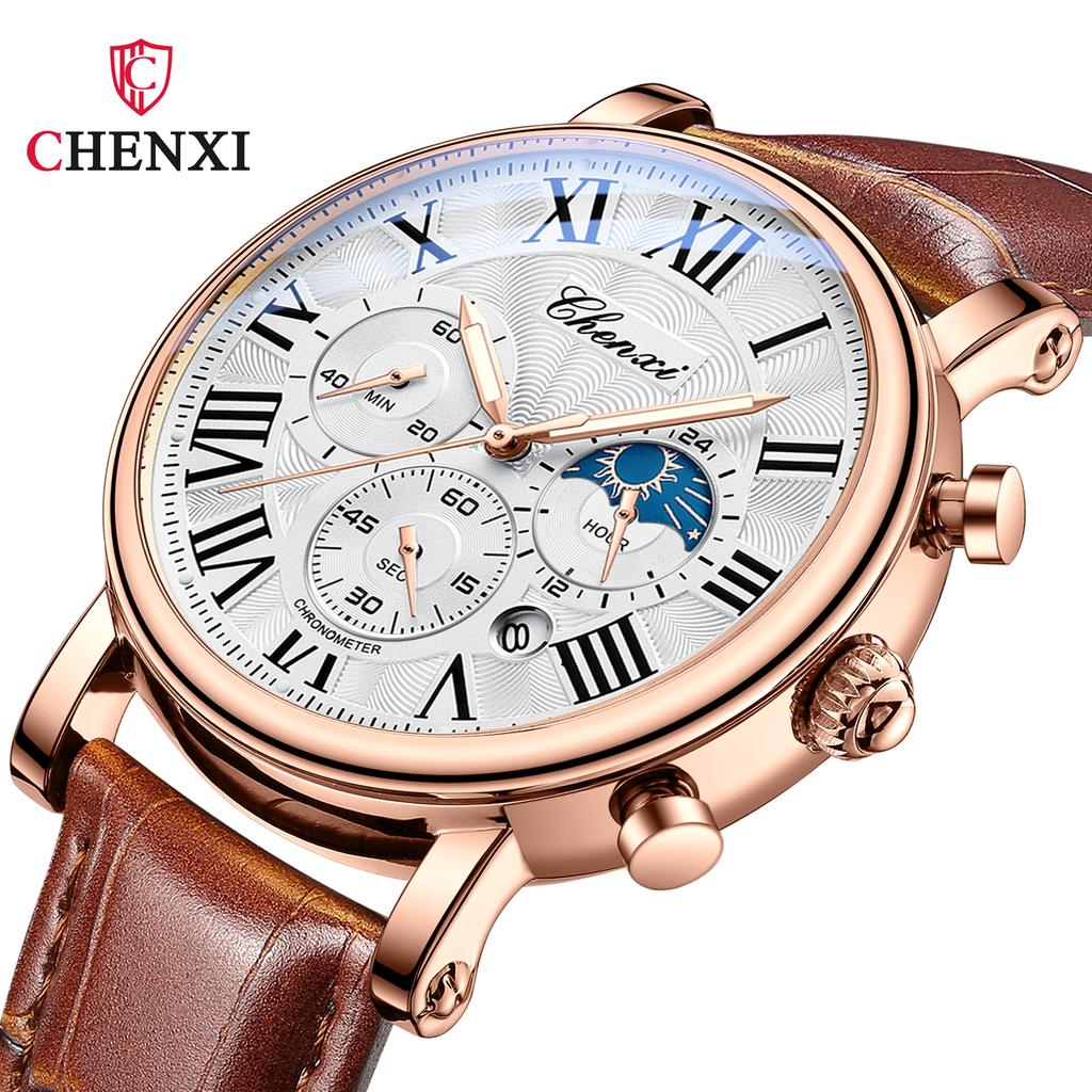 CHENXI 973 Мужские наручные часы Многофункциональные Деловые часы Фаза Луны Дата Водонепроницаемые Римский циферблат Кожаные Кварцевые часы для Мужчины