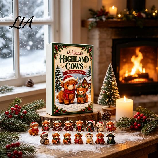 Transparent Acrylic Craft Decor 2026 Highland Cow Advent Calendar, 24 Day Christmas Countdown Calendar with 2D Collectible Mini Ornaments, Cute