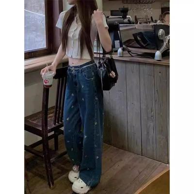 Летние яркие кружевные джинсовые брюки с вышитым бантом, широкие брюки для женщин, прямые брюки в пол с высокой талией и драпировкой