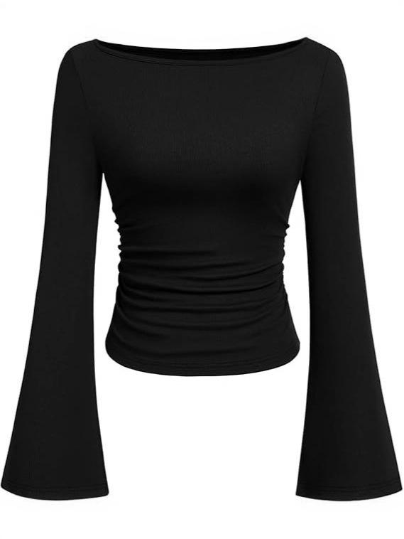 2025 Autumn Slim Fit Women's Boat Neck Bell Sleeve Ruched Top - Solid Color, Long Sleeve