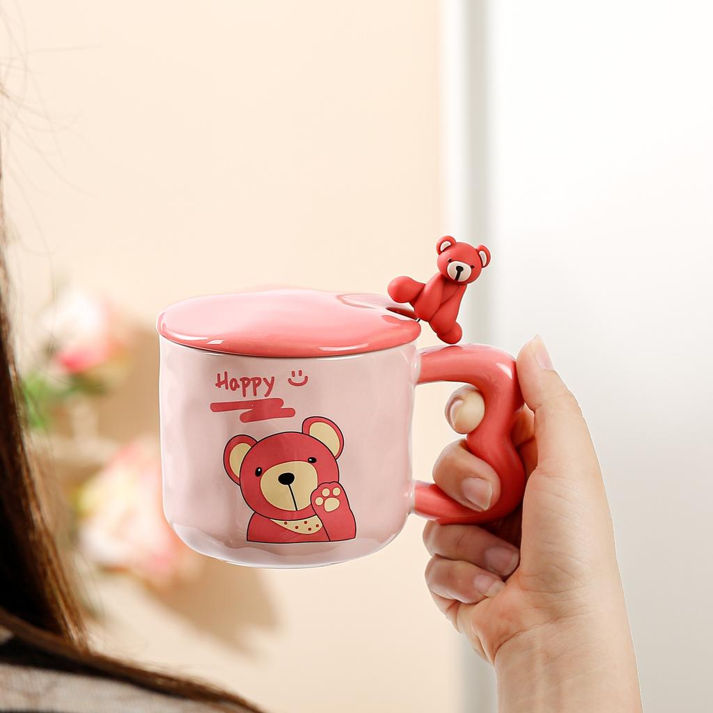 Cute Cartoon Ceramic Cup Powder Bear Mug with Lid Spoon High Looking Girl Drinking Water Cup for Home Use
