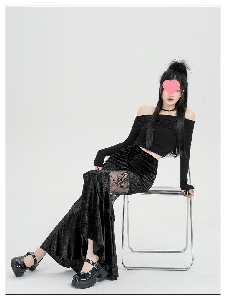 Элегантная черная бархатная юбка-русалка 2025 для женщин