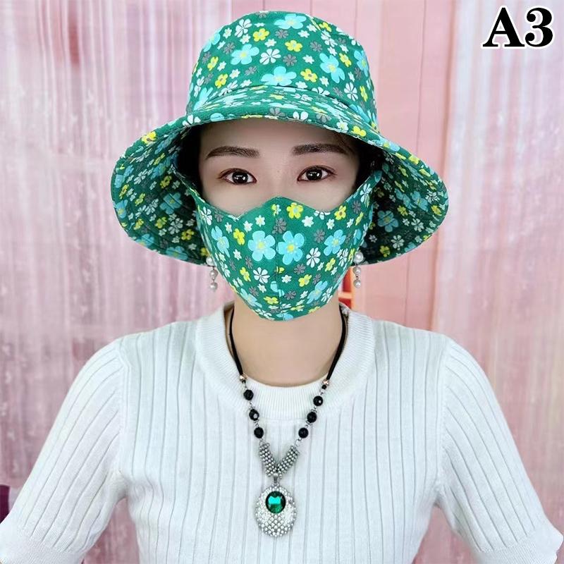 Summer Women Outdoor Print Fisherman Hat Uv Protection Wide Brim Garden Work Shade Hat Breathable Mask Integrated Cap