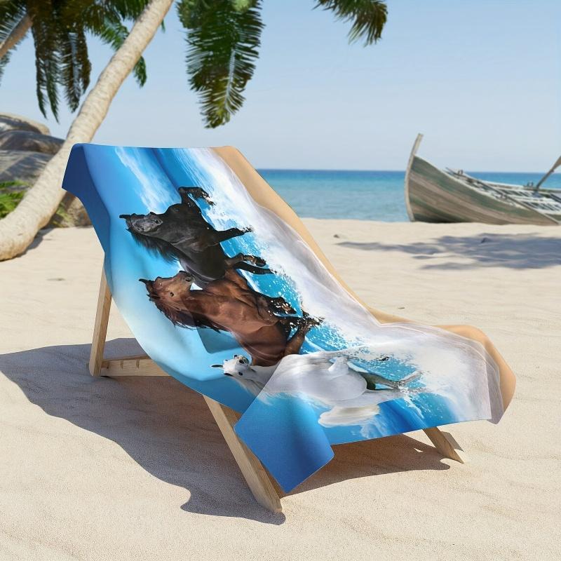Three Running Horses Wave Ocean Beach Towel Realistic Sea Surf Horse Print Microfiber Quick Dry Sand Swim Blanket