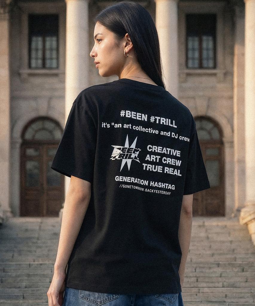 BEENTRILL Фирменная футболка с графическим принтом-слоганом на спине, оверсайз, с коротким рукавом (черный)