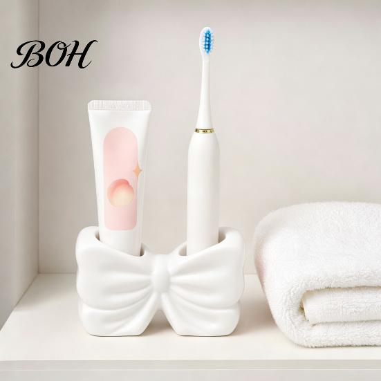 No Drill Bathroom Accessory 3D Printed Bow Toothbrush Holder, Adhesive Cup with Dual Holes for Double Hole Holder & Toothpaste, Cute Organizer Decor,