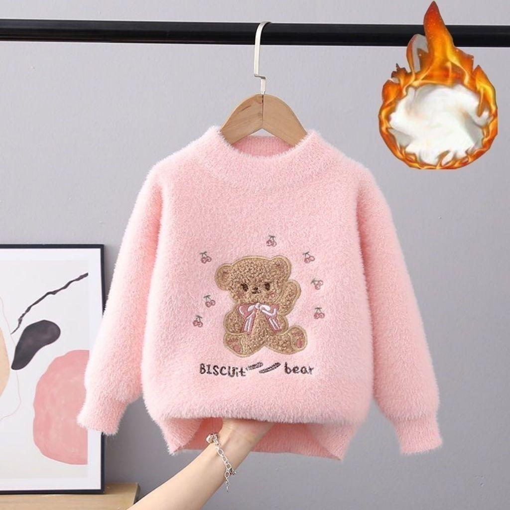 Свитер для девочек, осень и зима, новый модный теплый детский свитер, милый джемпер с медведем, детские вязаные базовые рубашки