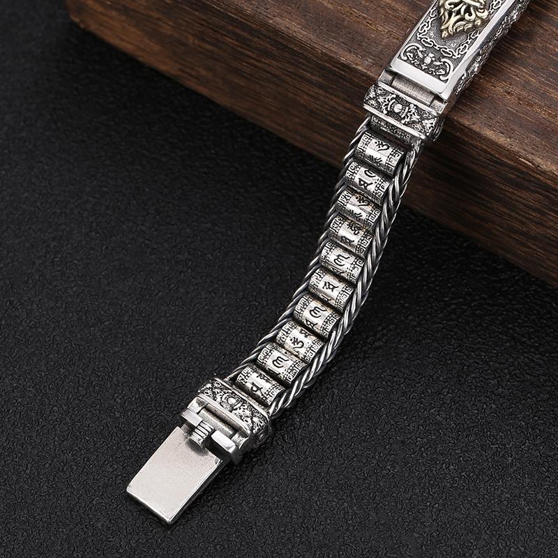 New Silver Bracelet Men's Personality Style Retro Creative Hand-woven Six-character Mantra Barrel Bead Chain for Boyfriend Gift