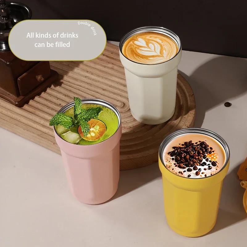 Портативная кофейная чашка, двухслойная термос-чашка из нержавеющей стали с веревкой, чистый цвет, герметичная, для путешествий, офиса, для воды