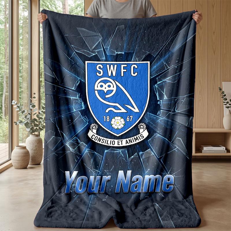 Sheffield Wednesday FC Custom Name Text Flannel Blanket Soccer Logo Personalized Fleece Throw Blanket Special Gift For Sofa Bedroom Home