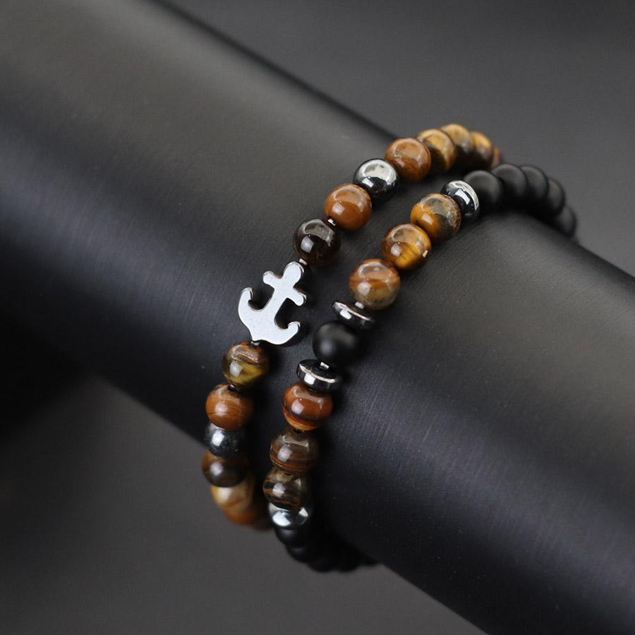 Unique 2Pcs/Set Anchor Bracelet For Men 6mm Natural Howlite Tiger Eyes Stone Braclet Homme Healing Jewelry Set Gift For Him