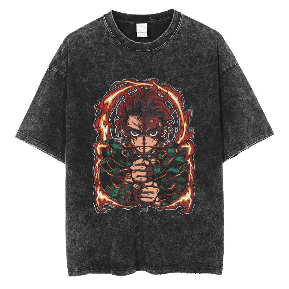 Anime Demon Slayer Tanjirou Nezuko Zenitsu Inosuke Cute Graphic Tshirt Men Women Washed Cotton T-shirts Harajuku Male Manga Tops