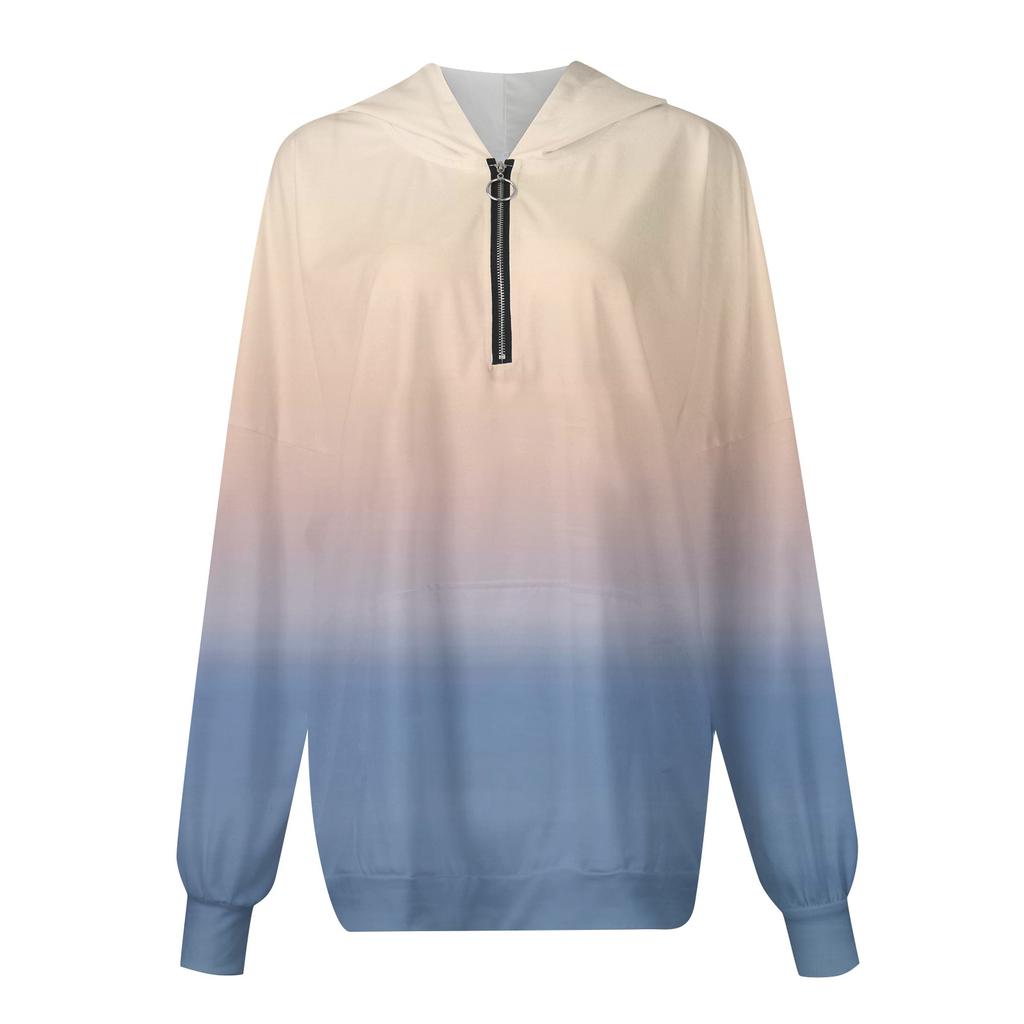 Women's Fashion Gradient Long Sleeved Loose Half Zippered Hoodie With Pockets