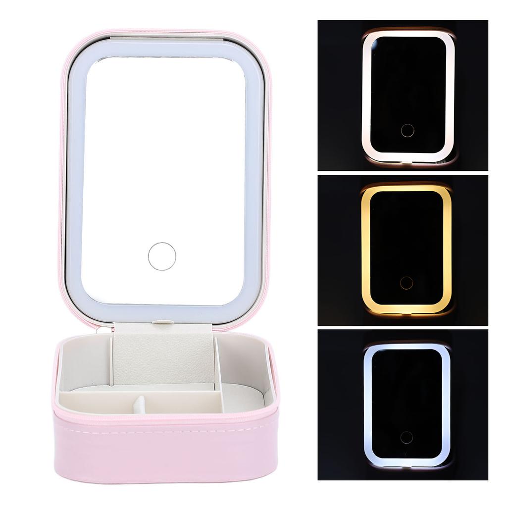Makeup Bag with LED Mirror Jewelry Storage Box Dimmable Touch Screen Makeup Travel Lighted Case for Home Travel Pink