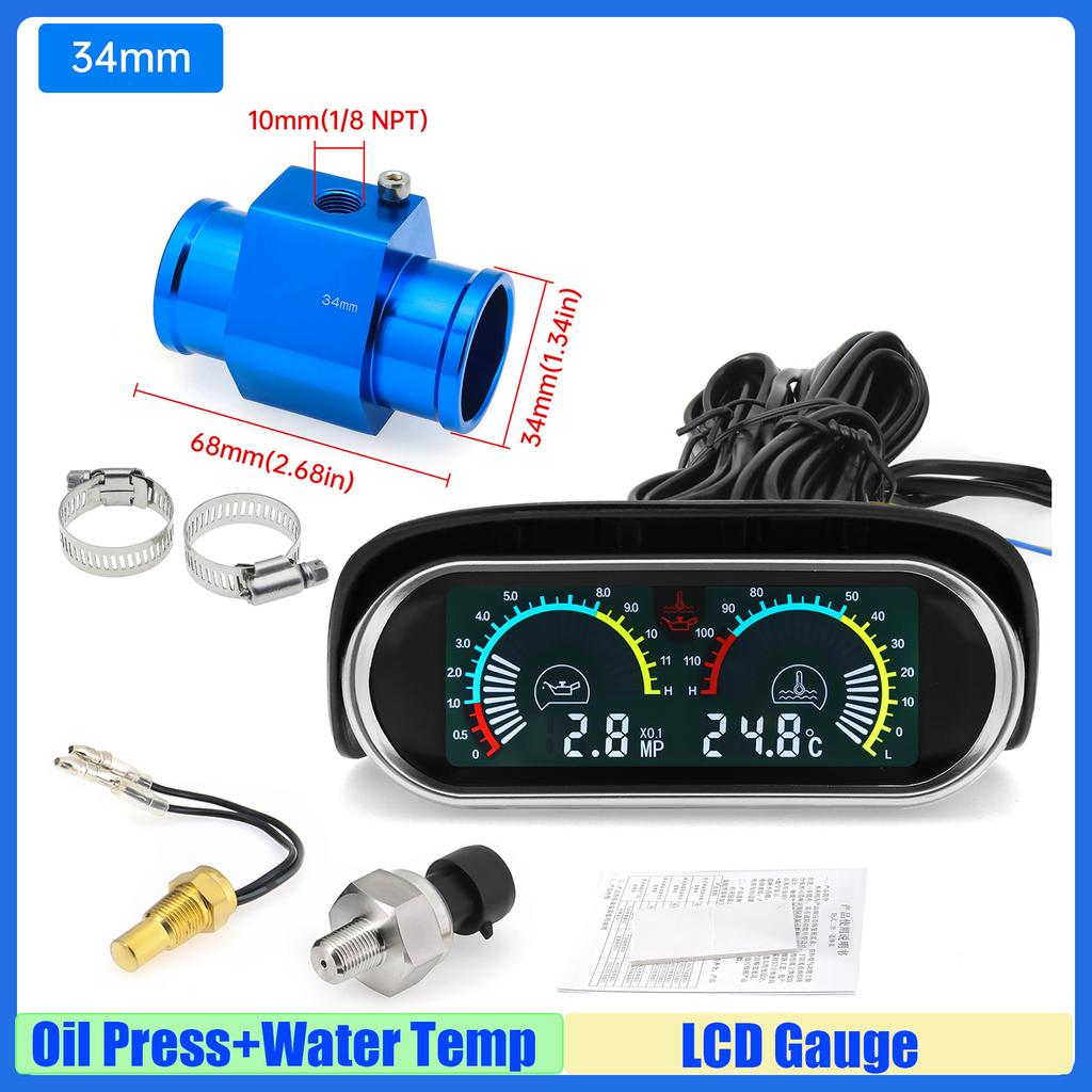 MAIMEIMI LCD Gauge Oil Pressure Gauge+Water Temperature Meter with Sensor Temperature Joint Pipe Sensor Radiator Hose Adapter