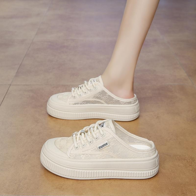 CRLAYDK Summer Women's Lace Comfortable Slip On Mules Mesh Skate Slippers Ladies Backless Slide Loafers Casual Platform Shoes