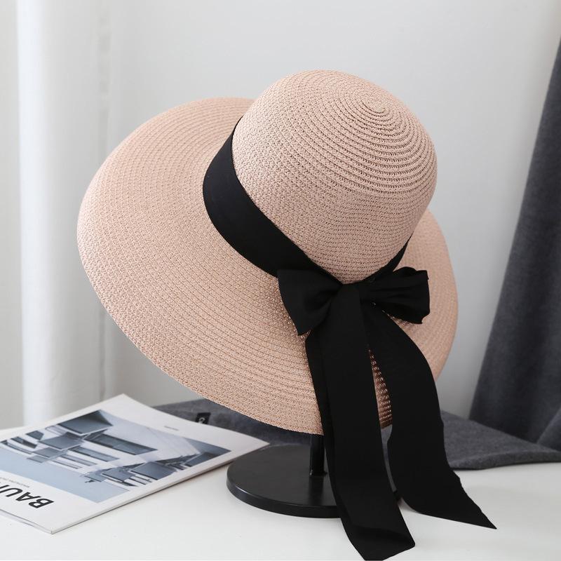 Hepburn Hat Female Black Straw Hat Sunscreen Vacation Seaside Beach Sun Hat Summer Big Brim Sun Hat Big Brim