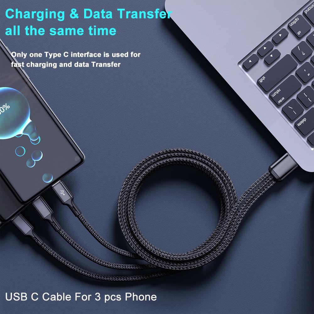 100W 3 in 1 USB to 3×Type-C Cable Phones Fast Charging Data Cable 1.2m/0.2m Extension Cord USB C PD High-Speed Data Transmission